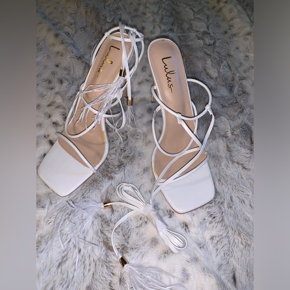 Lulus Majorine White Feather Lace-Up High Heel Sandals - Picture 4 of 9